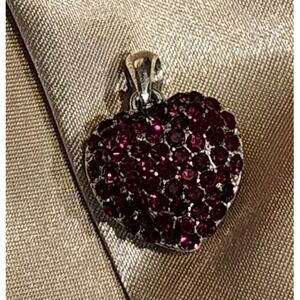 Red Rhinestone Puffy Heart Pendant Silver Tone Gift Birthday Christmas Valentine